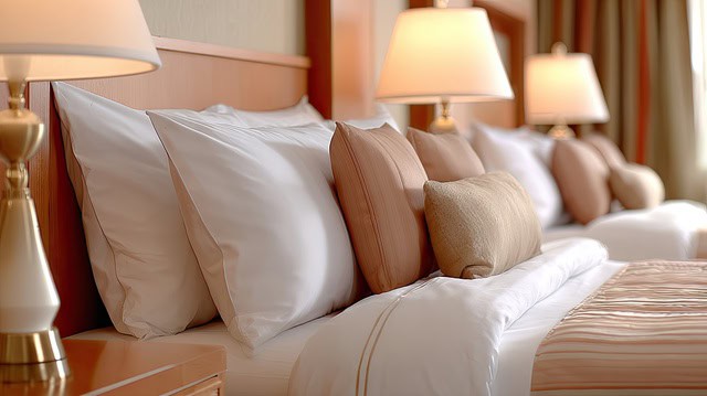 Hotel pillows and decorative cushions Stacked hotel pillows