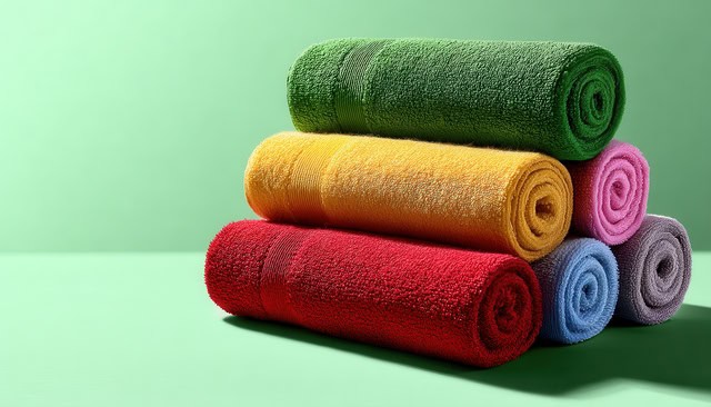 Plush towels folded on a bathroom shelf