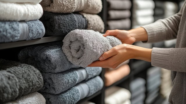 Plush towels folded on a bathroom shelf