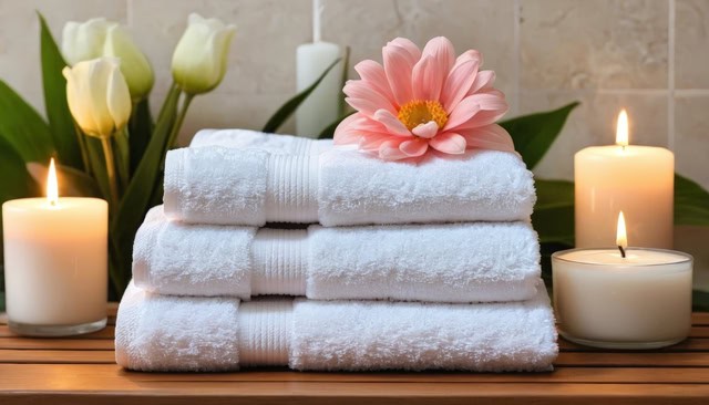 Neatly arranged white hotel linens on a luxury bed